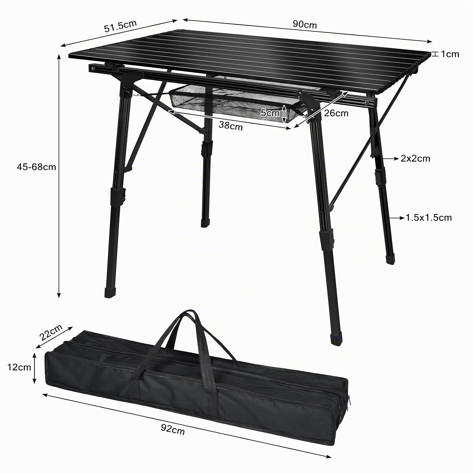 YRHome Table de Camping Pliable et Réglable en Hauteur - 90 x 53 cm en Aluminium - Pour Jardin et Extérieur (Noir)