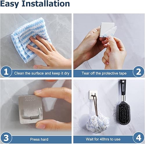 Miniatura 7 de Ganchos adhesivos resistentes, ganchos de pared para colgar, ganchos de bata de acero inoxidable impermeables para cocina, baño, hogar, con 6+2 (2