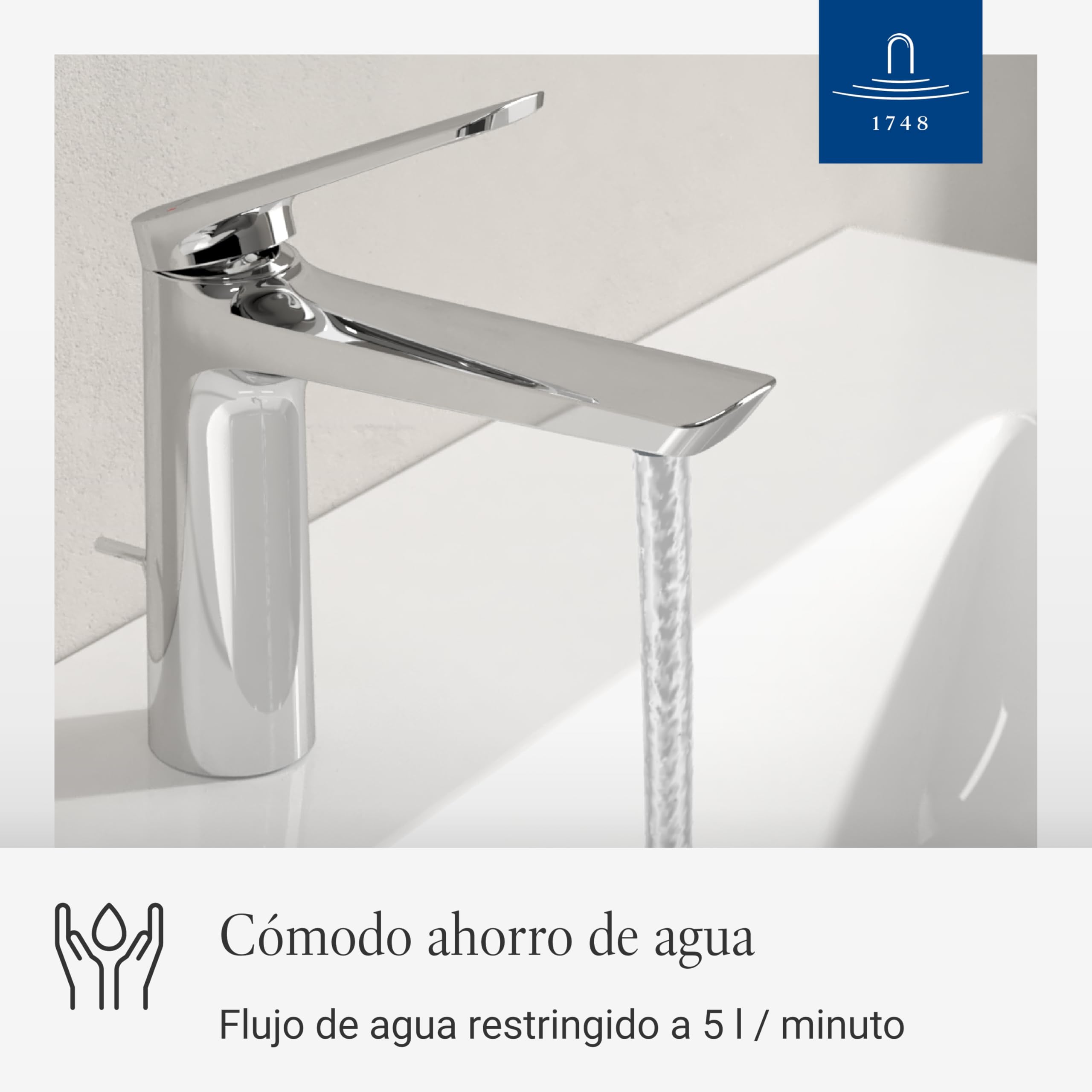 Villeroy & Boch Oasis grifo para lavabo con varilla - Grifería con cartucho cerámico - Grifo de bajo consumo y fácil de limpiar - Altura de caño de 114 mm - Grifo redondo cromado