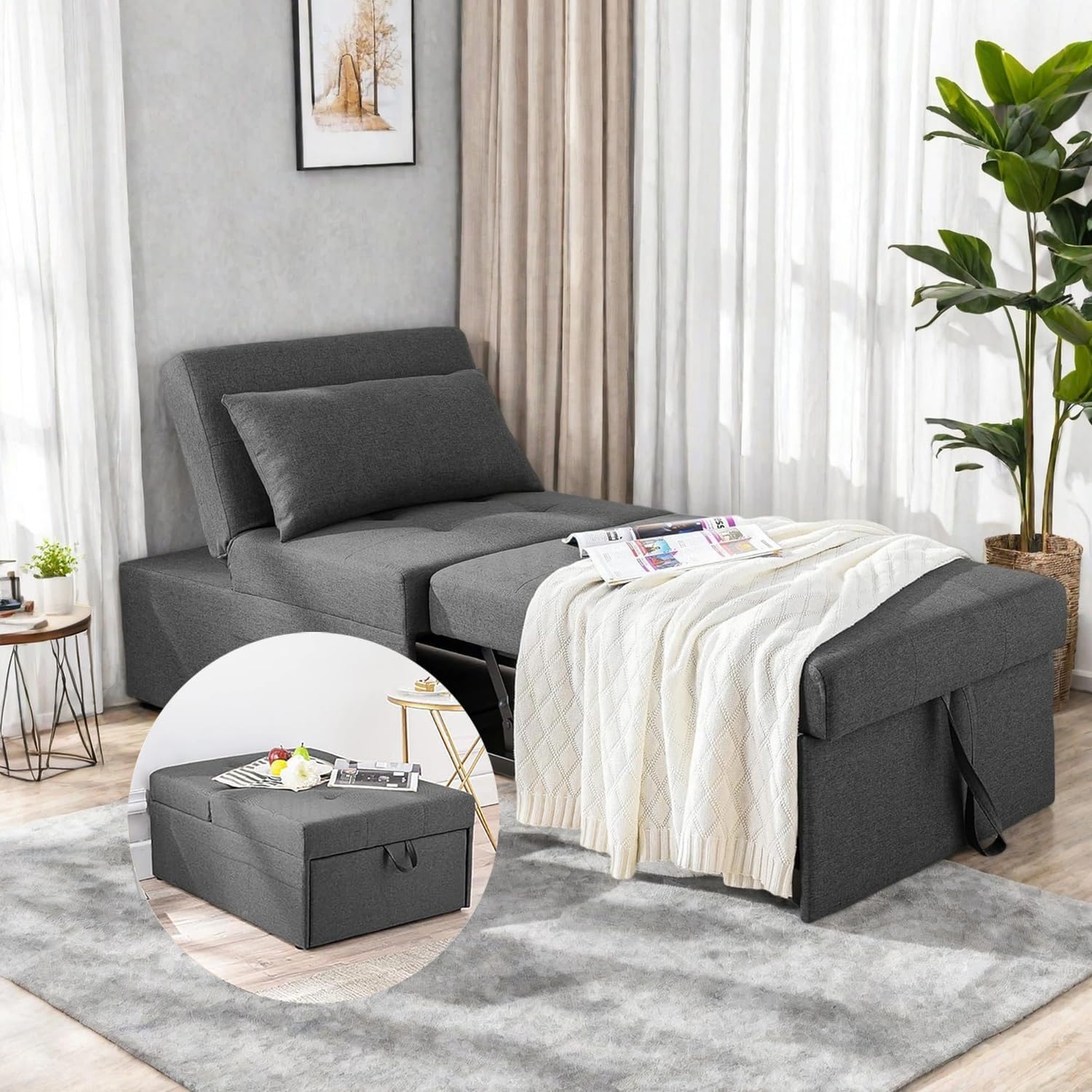 Sofa Bed, 4 in 1 Pull Out Sleeper Sofa Bed, Ottoman Linen Couch Broad Sofa with Adjustable Backrest Convertible Recliner Lounge for Living Room (Grey)