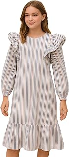 Girls' Cotton Lined Striped Dress, Long Sleeves, Ruffle Shoulders, 100 cm Length, Ages 14-16 (Thomas & Splendor)