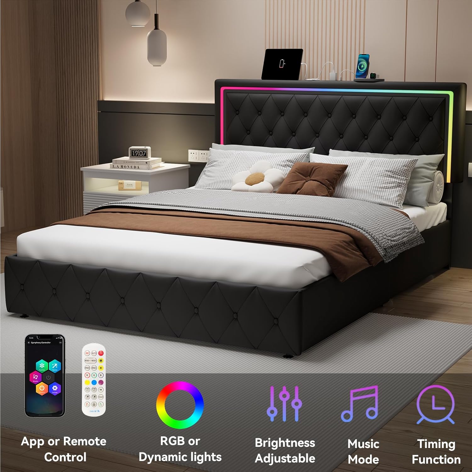 LED Full Size Bed Frame with Headboard and Storage,Full Bed Frame with 4 Storage Drawers and LED Lights,Velvet Upholstered Platform Bed Frame Full Size with Charging Station,No Box Spring Needed,Black