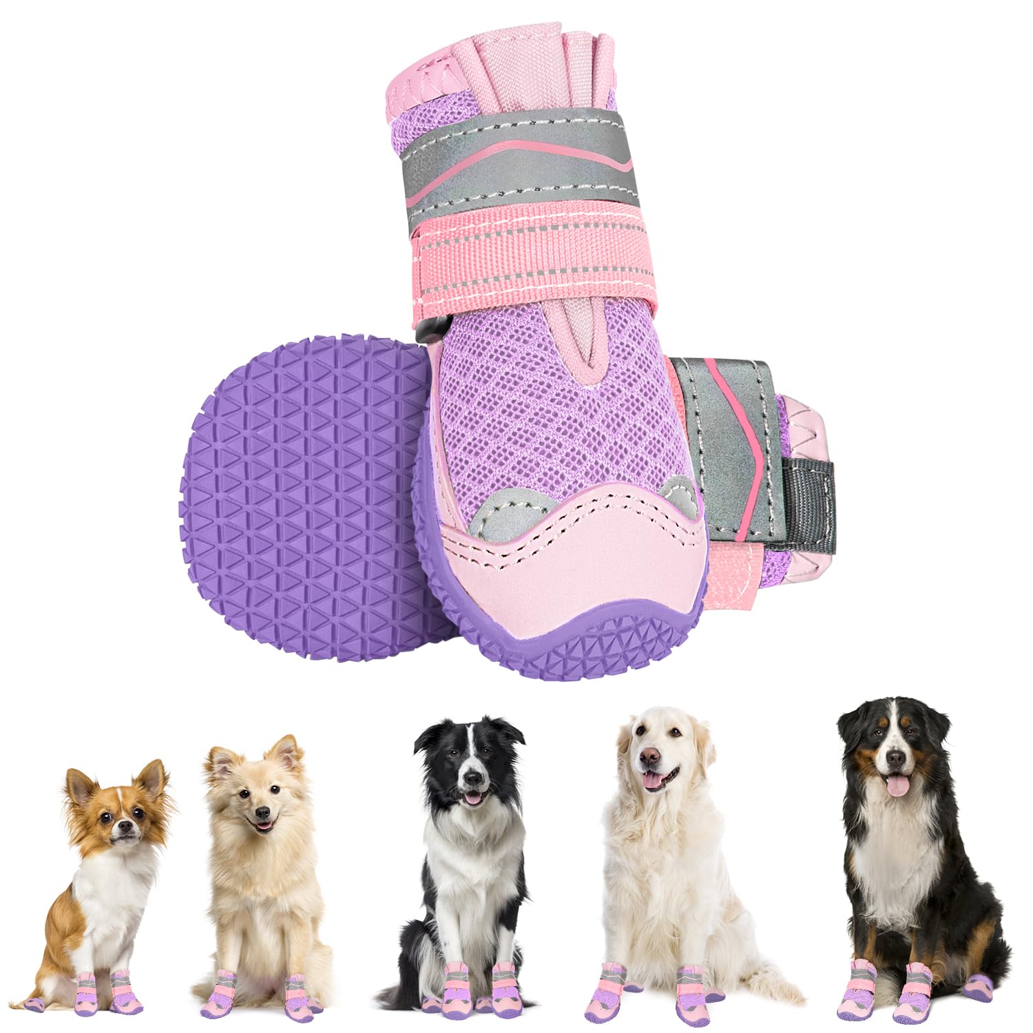 Eyein Hundeschuhe Pfotenschutz, 2 Stück atmungsaktiv Hundeschuhe mit Rutschfester Sohle und reflektierendem Klettverschluss für kleine, mittlere und große Hunde, Sport im Freien (Lila, Größe 4)