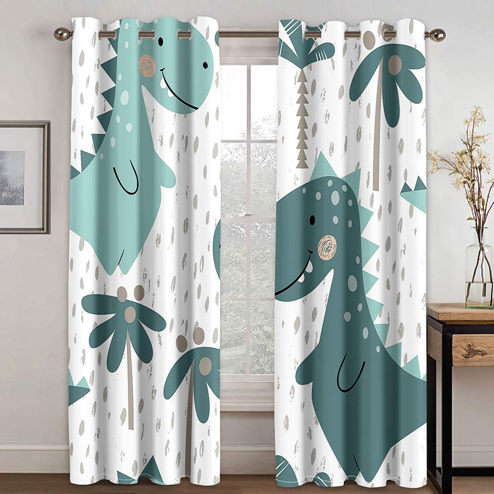 Rideaux Occultants Thermiques 140X160cm à Motif Dinosaure - Design Moderne Animal de Dessin Animé pour Chambre Ado et Enfant avec Oeillets