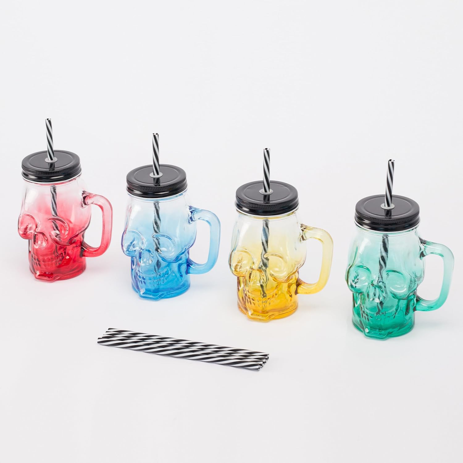 Relaxdays Drinking Glasses with Lid and Straw, Set of 4, 500 ml, Skull, Screw Cap, Handle, Glass Cup, Colourful