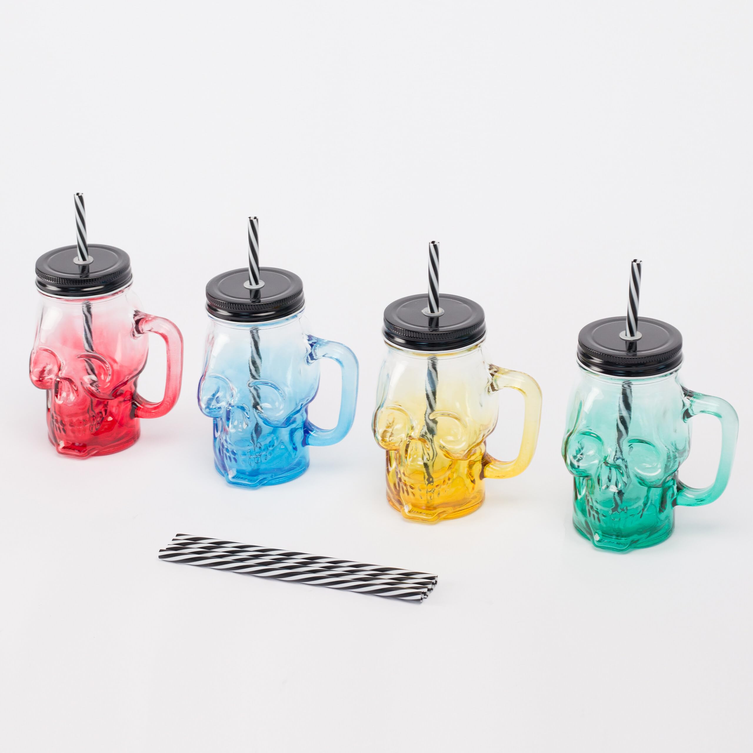Relaxdays Bicchieri con Coperchio, Cannuccia e Manico, 4 Pezzi, 500 ml, Teschio, Tappo a Vite, Vetro Multicolore