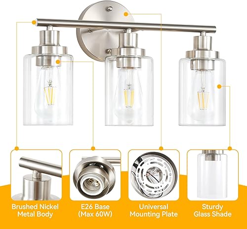 Miniatura 5 de Apenath Lámpara de pared de tocador, moderna lámpara de pared de 3 luces con pantalla de vidrio transparente, lámpara de pared de granja de níquel