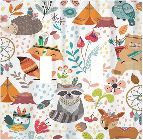 Miniatura 2 de Wpshijia Placa de interruptor de luz de 2 cuadrillas con diseño de animales del bosque, placa decorativa de pared de doble palanca, placa frontal