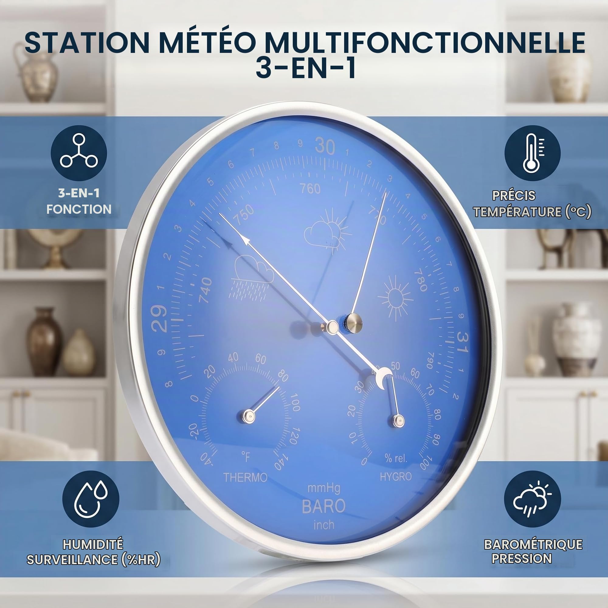 Station météo 3 en 1, Keenso Thermomètre baromètre hygromètre en Alliage d'aluminium, Cadran Bleu 180 mm, À Suspendre intérieur/extérieur, Idéal pour Maison, Jardin, Garage