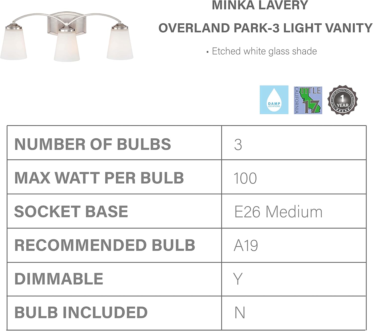 Specifications table for Minka Lavery Overland Park 3-Light Vanity Fixture.