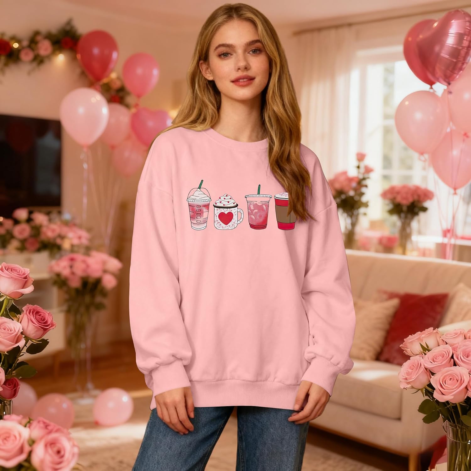 MYHALF Valentines Day Sweatshirts Valentine Shirts: Womens Love Heart Long Sleeve Tops Oversized Patch Crewneck Pullover - Image 5