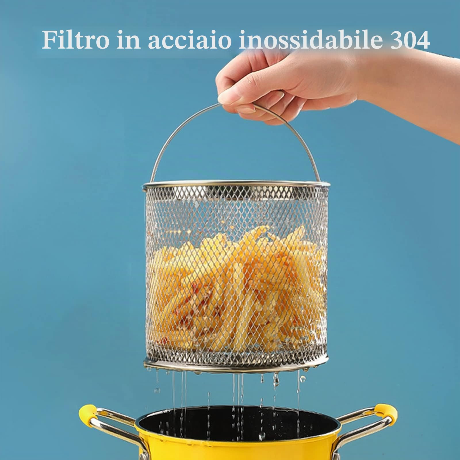 PARACITY Friggitrice 3L con Cestello, Padella Piccola con Manico in Silicone Antiscottatura, Acciaio Inossidabile 304, per Friggere Patatine Fritte, Pesce e Pollo