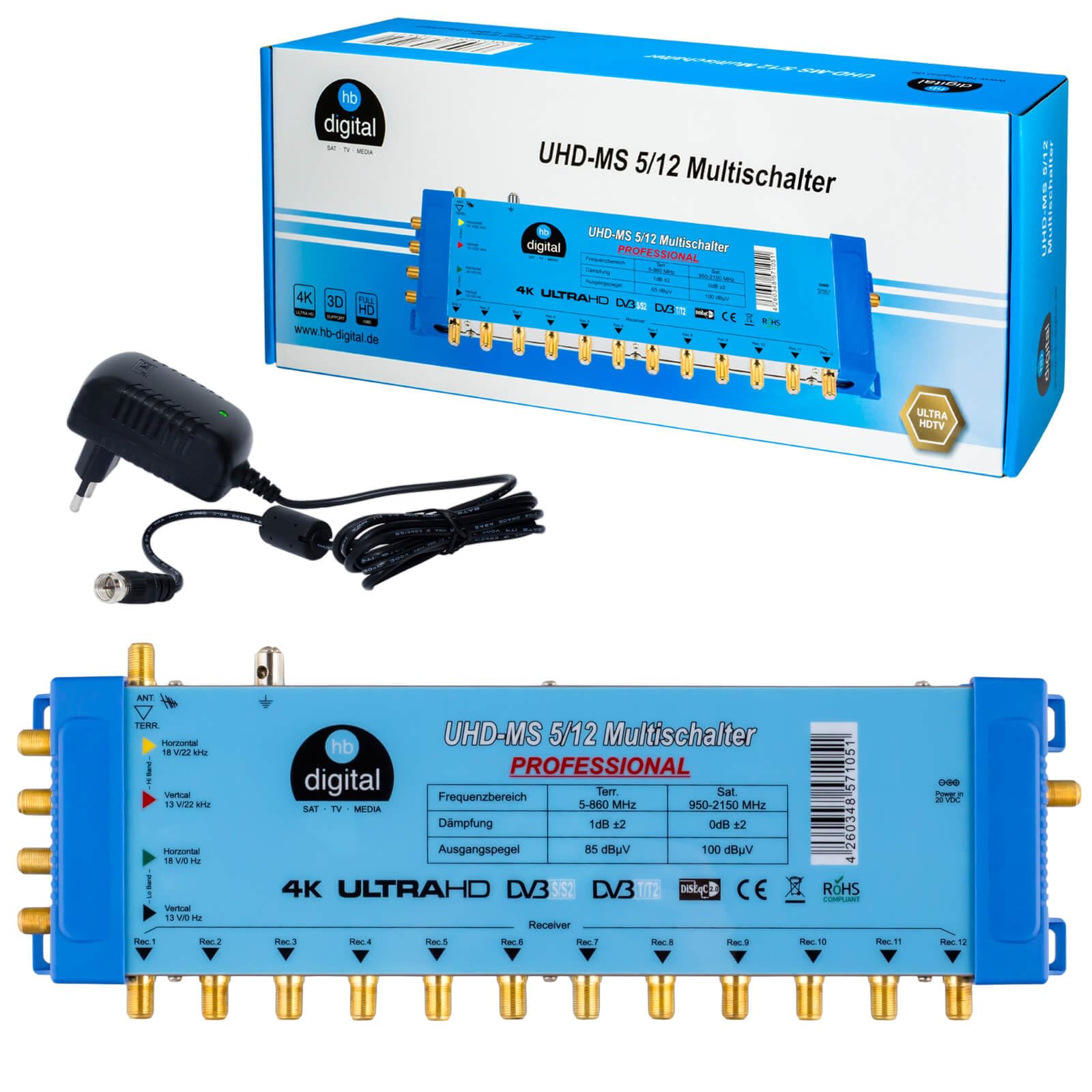 FUBA 12 TEILNEHMER DIGITAL SAT ANLAGE DAA850A + Profi LNB 0,1dB Full HDTV 4K + PMSE Multischalter 5/12 + 35 Vergoldete F-Stecker Gratis dazu