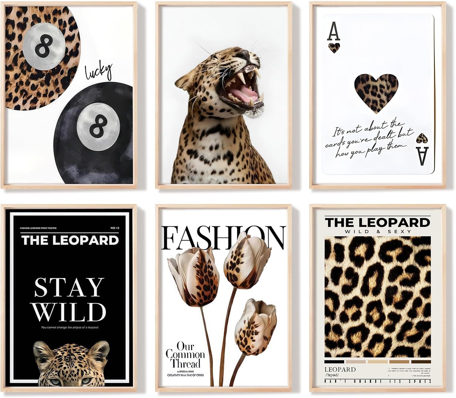 6Pcs Trendy Leopard Wall Art Cheetah Posters Lucky 8 Ball Canvas Pint | Retro Spades Poker Picture Wall Decor Fashion Leopard Flowers Print for Preppy Girls Bedroom Apartment Dorm 8x10in Unframed