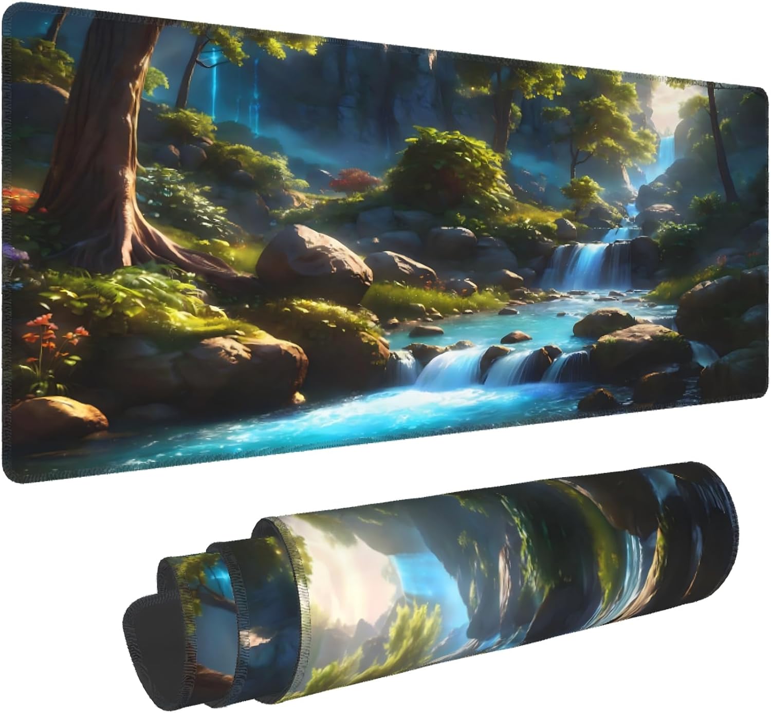 XXL Gaming Mouse Pad 35.4x15.7 inch, Waterfall Rock Landscape Theme Desk Mat,Large Nature Forest Stream Scene Mousepad (Waterfall Stream)