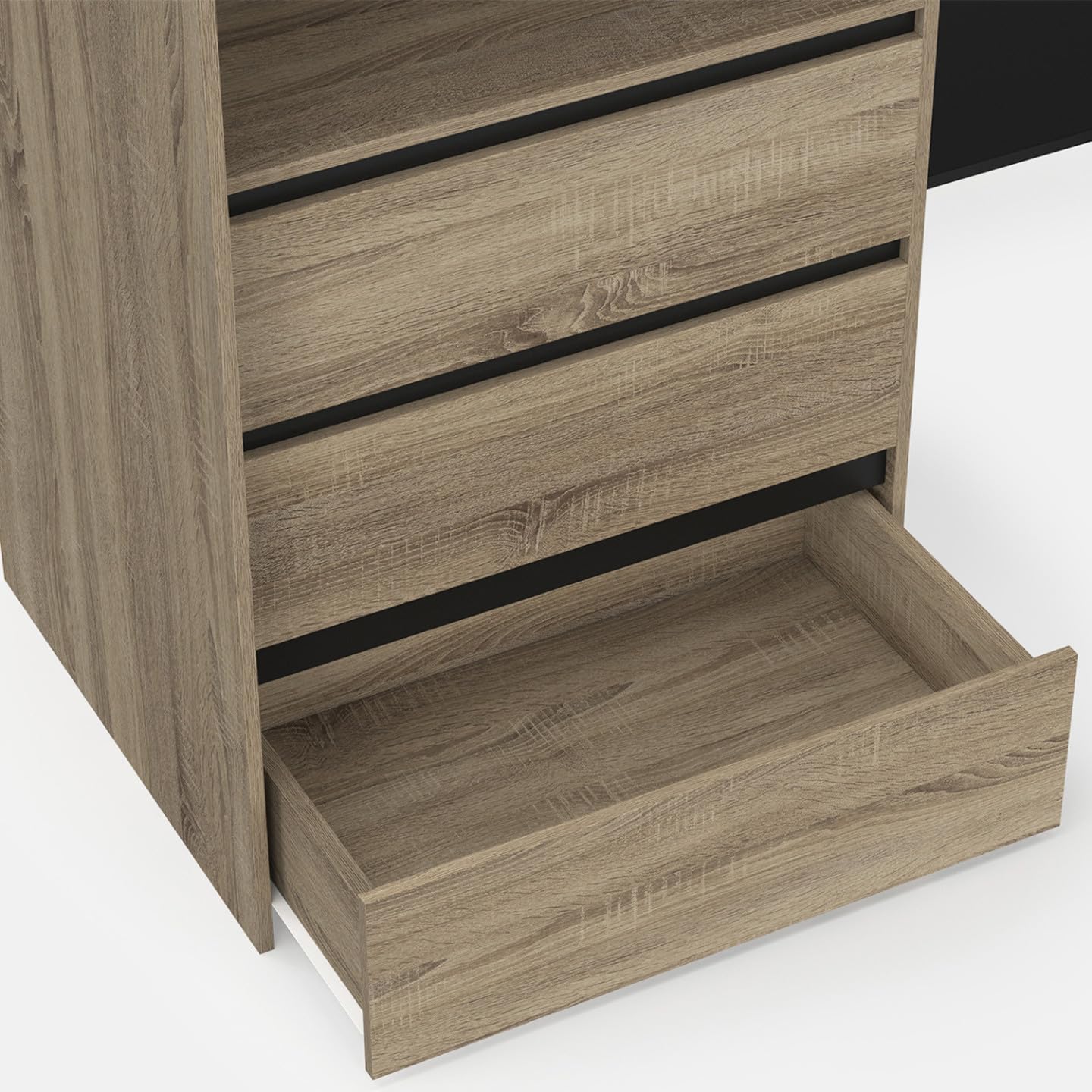 IDMarket - Dressing extensible d'angle MARLON 200 x 150 x 180 cm hêtre avec penderies + tiroirs + étagères + rideaux noirs