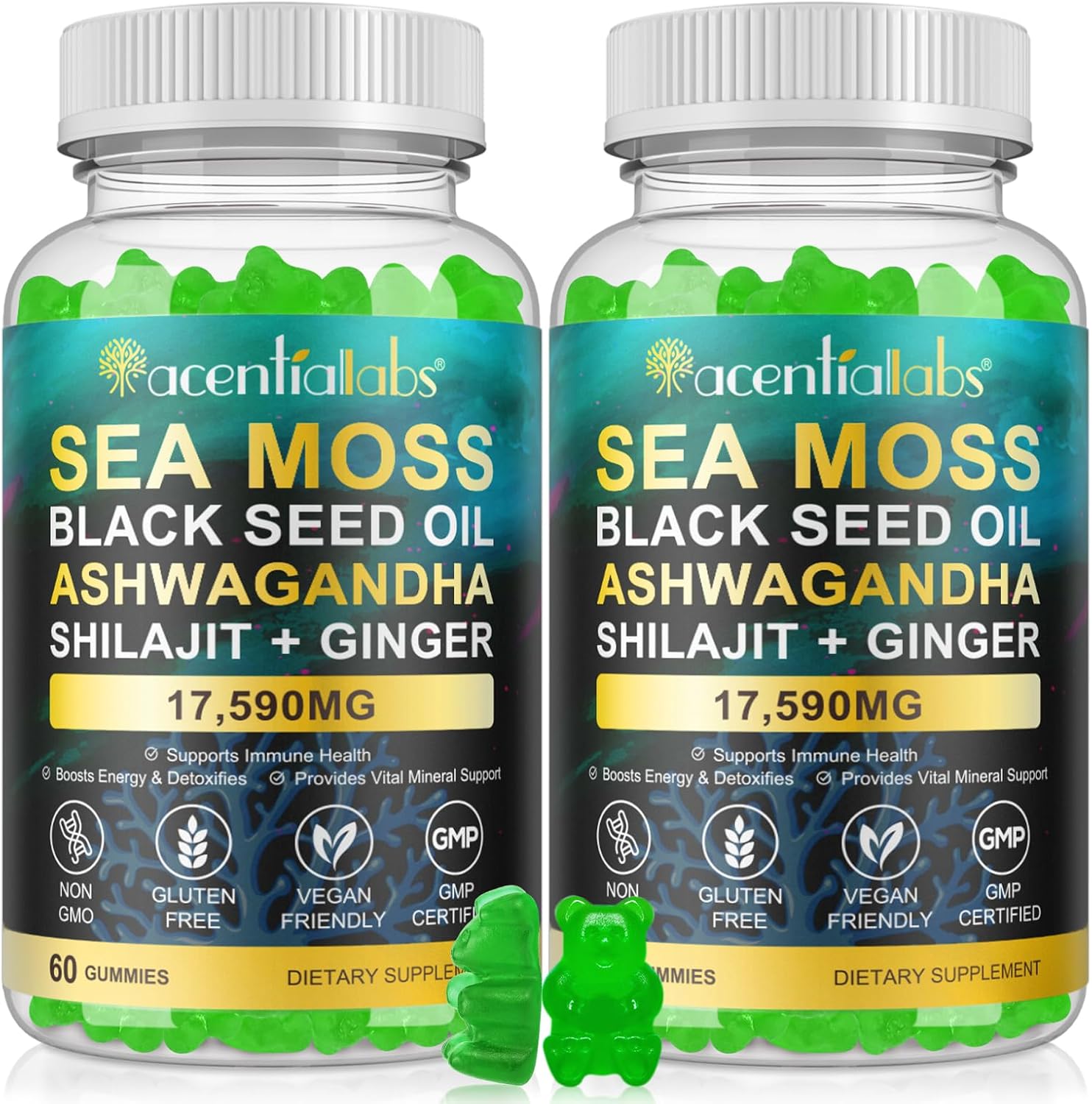 Sea Moss Gummies with Elderberry Black Seed Oil Ashwagandha Ginger Bladderwrack Vitamin C Vitamin D Enhanced Immunity & Energy Supplement for Women, Men - Non GMO, Vegan (120 Gummies)