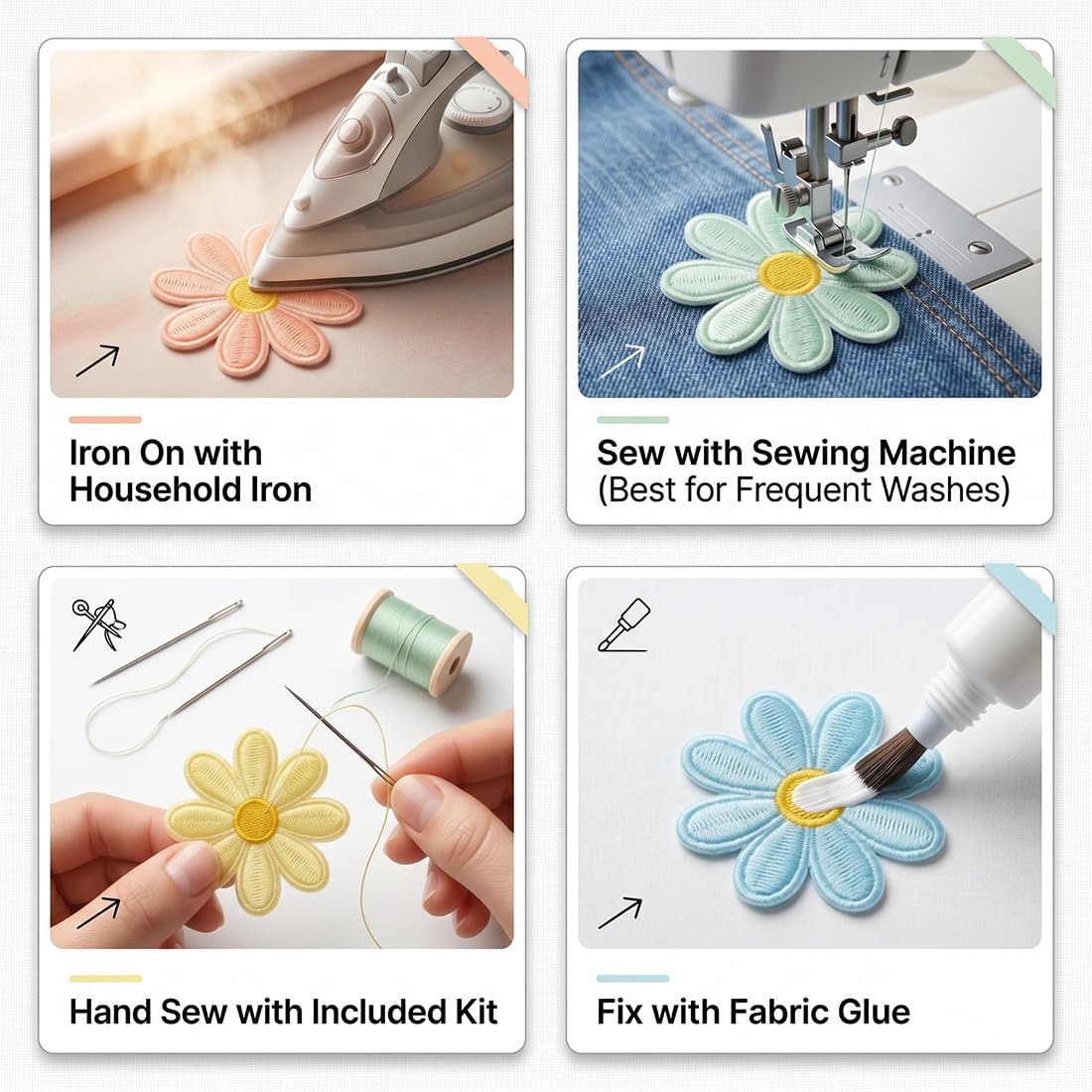 64 Pcs 8 Color 4 Sizes Embroidered Iron On Patch, Daisy Flower Iron On Patch, Mini Colorful Floral Embroidery Sew Glue Applique for Clothing Hats Jeans Backpacks DIY Crafts Girls Women Decor