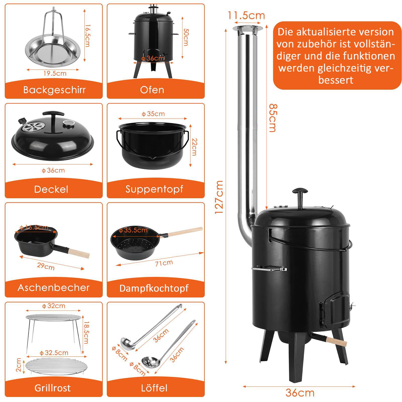 TLSUNNY Gulaschkanone 17L+8L Emailliert Eintopfofen mit 85cm Kamin Thermometer für Outdoor