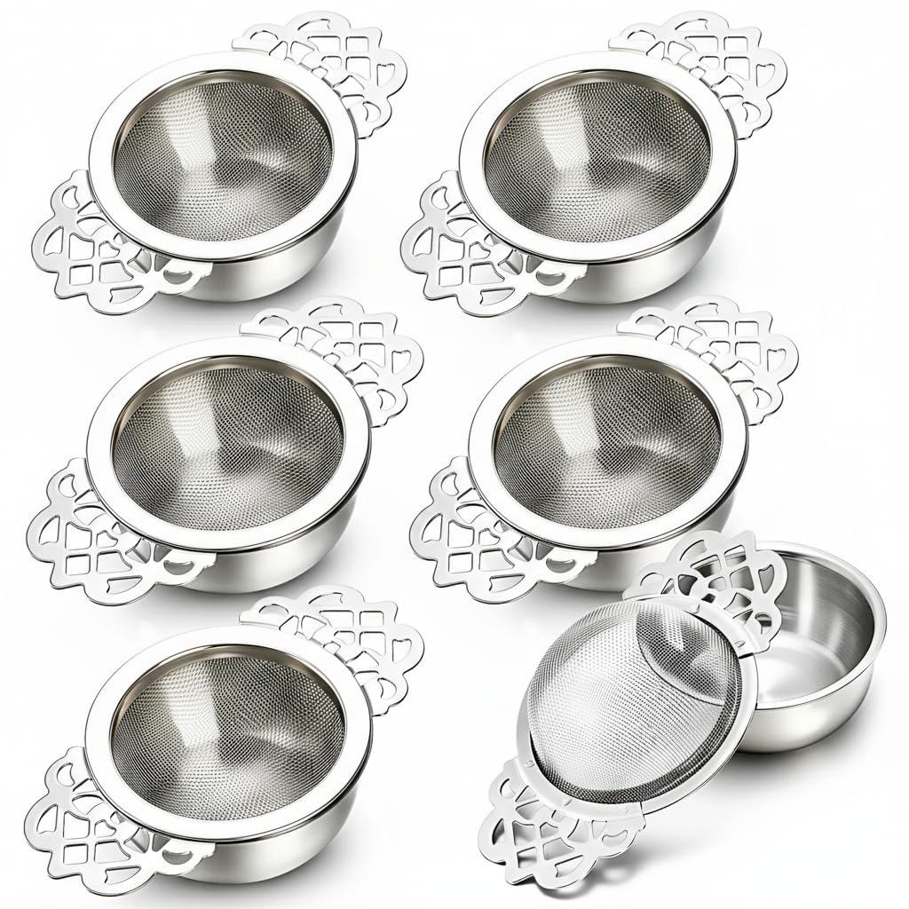 Mezchi 6 Pack Mesh Tea Filter Strainers, Stainless Metal Tea Infuser, Tea Steeper with Handle and Drip Bowl for Loose Tea, Sliver, 2.5 Inch