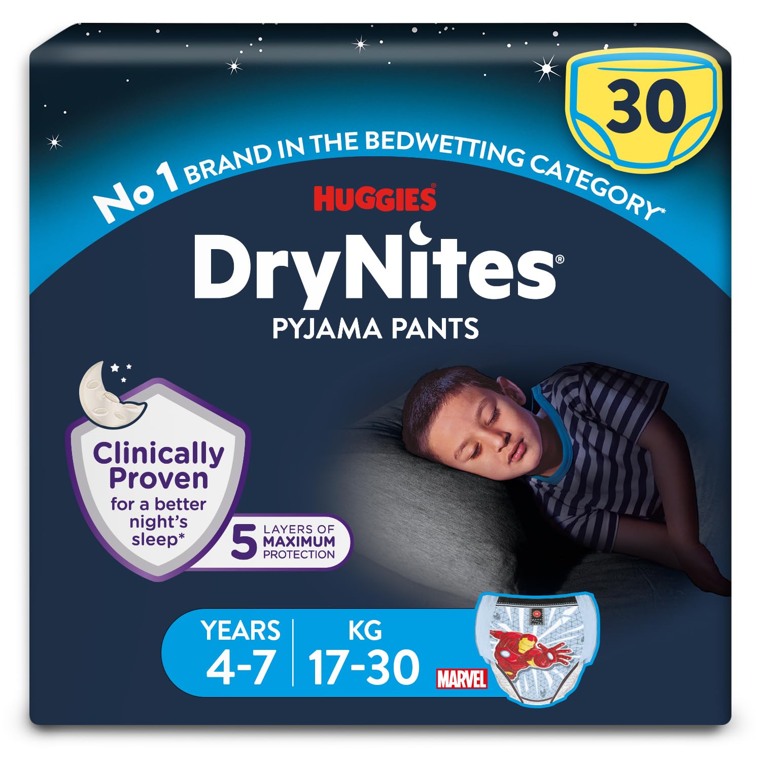 Huggies DryNites, Boys’ Night Time Pants - Sizes 4-7 Years (30 Pants) - Absorbent Pyjama Pants to Manage Bed Wetting - Unbeatable Night Time Protection