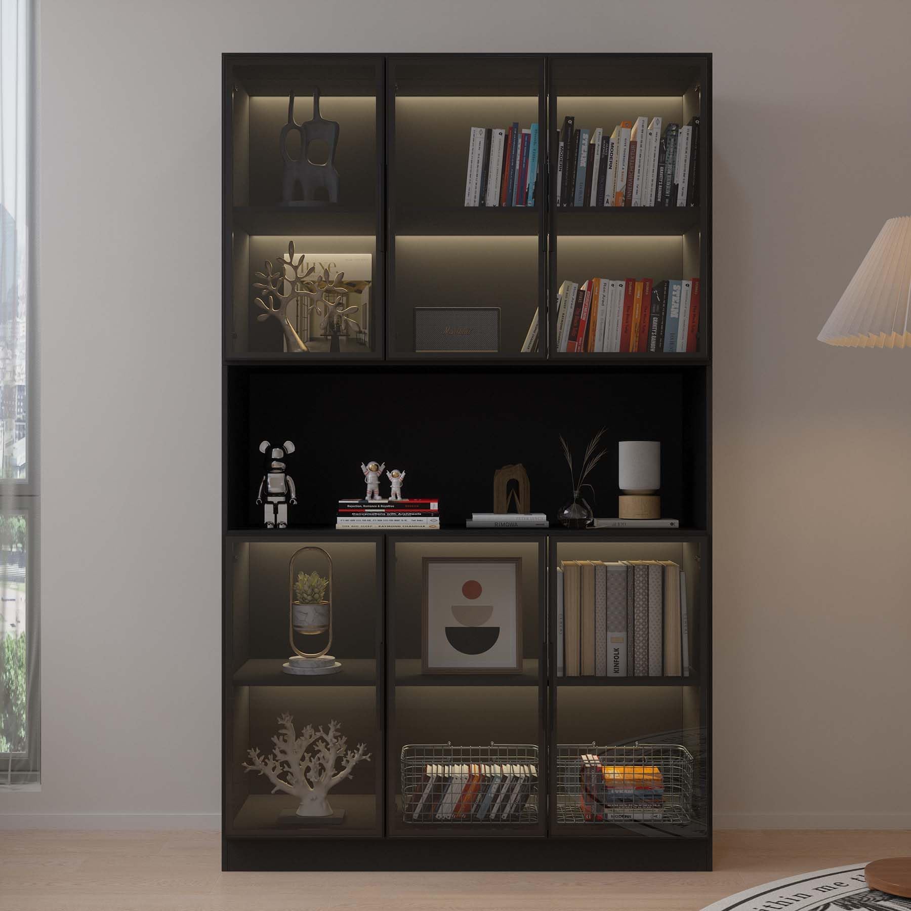 Display Cabinet with Glass Doors, LED Light and Storage Shelve, Curio Cabinets Modern Style Bookcase Trophy Case Display Cabinet for Collectibles - Black (47.2 "W x 16.5 "D x 78.7 "H)