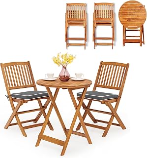 KOMFOTTEU Juego Mesa y 2 Sillas Plegables para Exterior, Conjunto de Muebles de Madera de Acacia para Jardín, Set de Asientos con Cojines y Mesa Redonda, para Patio, Terreza, Balcón (Cojín Gris)