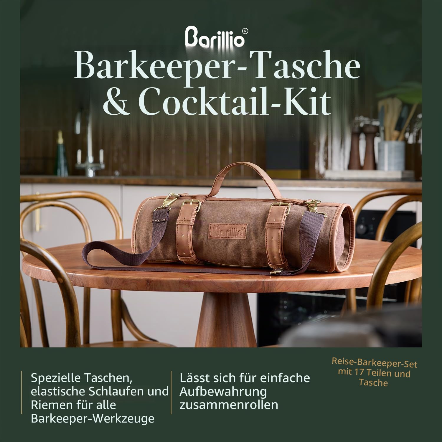 Barillio Barkeeper-Tasche, Reise-Barkeeper-Set, Tasche mit Bar-Werkzeugen, professionelles 17-teiliges Bar-Werkzeug-Set mit tragbarer, gewachster Canvas-Tasche inklusive Schultergurt für einfachen