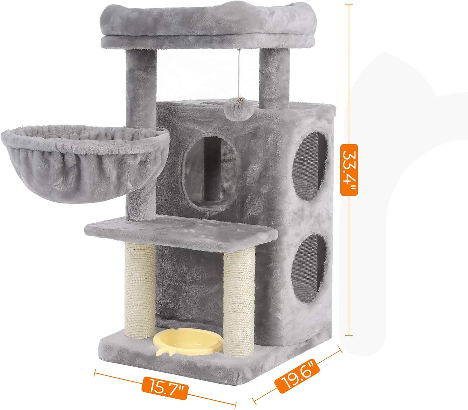 FEANDREA Multi-Level Cat Tree with Feeder Bowl, Sisal-Covered Scratching Posts, Dual Condo, Activity Center Cat Tower Furniture, Light Gray UPCT057W01