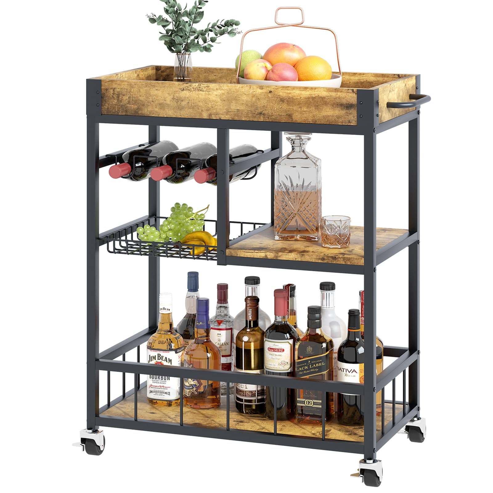 Huhote Carrito de servir, carrito de cocina con estante para vino, carrito de bar, carrito de bebidas, carrito con ruedas, carrito de vino para comedor, cocina, salón, bar, fiesta, marrón grano de