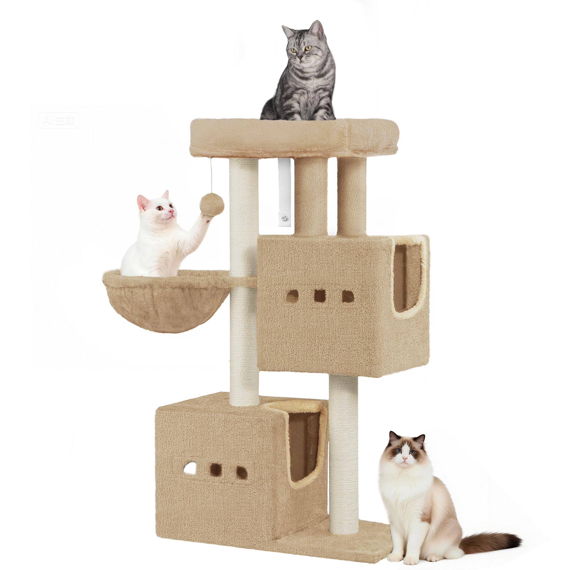 Hzuaneri Tiragraffi per gatti, 98 cm, piccolo, marrone cammello | Tiragraffi a più piani con posatoi, mobili per gatti con 2 grotte, tiragraffi in sisal, amaca, grotta, MS10018LCV1