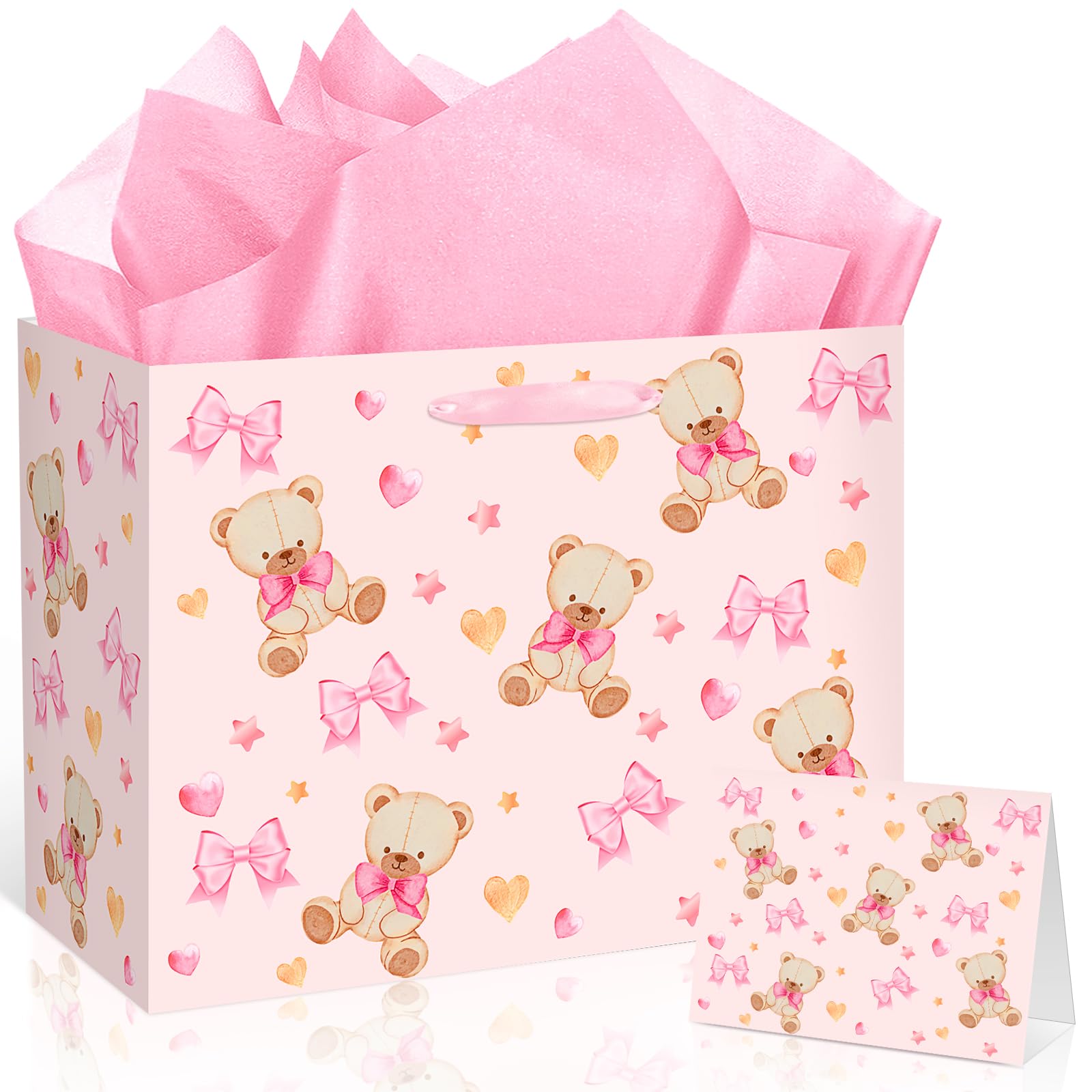 Pink Bear Gift Bag Fall Pink Bow Party Decorations Bear Theme Gift Wrap Treat Bag with Handles Wrapping Paper Greeting Card for Girls Women Baby Shower Birthday Shopping Thanksgiving Party Supplies