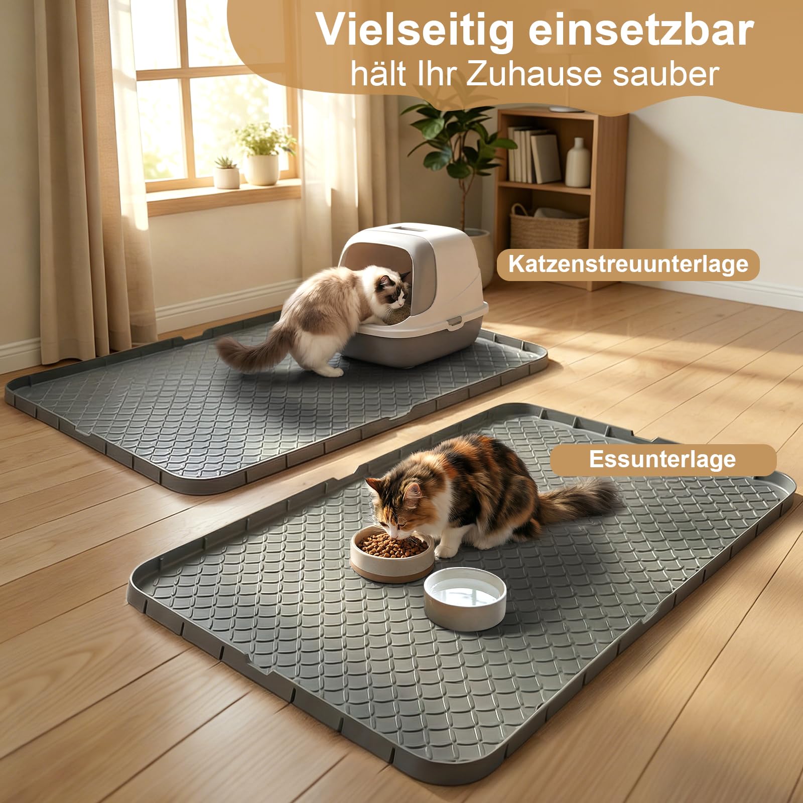 2er-Pack Silikon Katzenklo Matte XXL 86×55 cm – Wasserdicht, rutschfest & Leicht zu Reinigen – Premium Katzenstreu Unterlage für Mehrkatzenhaushalte, Grau