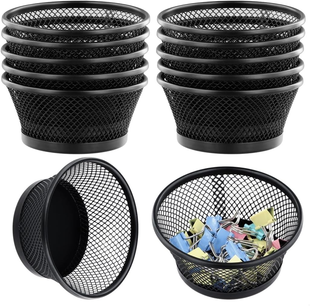 12 Metal Mesh Paper Clip Holders, Black Desk Organizers, Space-Efficient Clip Containers for Office Supplies