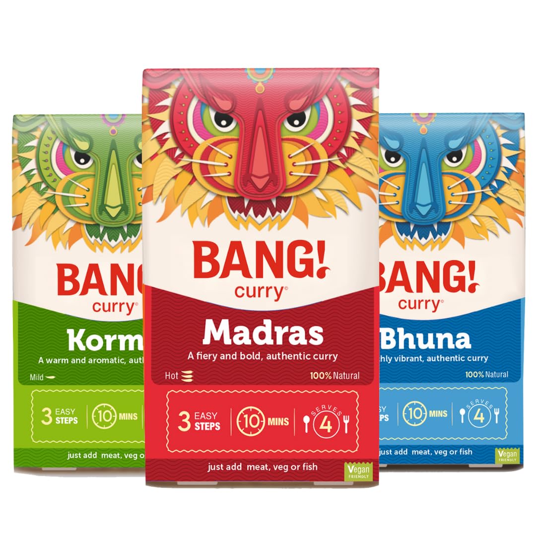 Madras, Korma, Bhuna Curry Sauce Kits | Authentic and Easy to use | Mild, Medium and Spicy restaurant style | Ready in 10 min | 100% natural, Vegan Friendly and Gluten free | 3 Pack - Serves 12