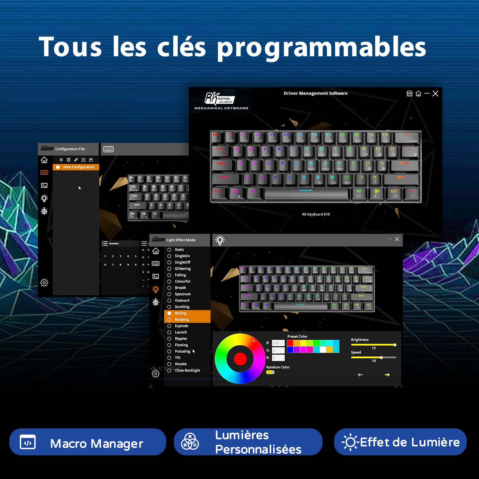 RK ROYAL KLUDGE RK61 Clavier sans Fil, AZERTY 60% Clavier Gaming Mecanique, Rétroéclairage RGB par Touche Personnalisable, Touches à Double Injection Interrupteur Marron échangeable à Chaud, Blanc