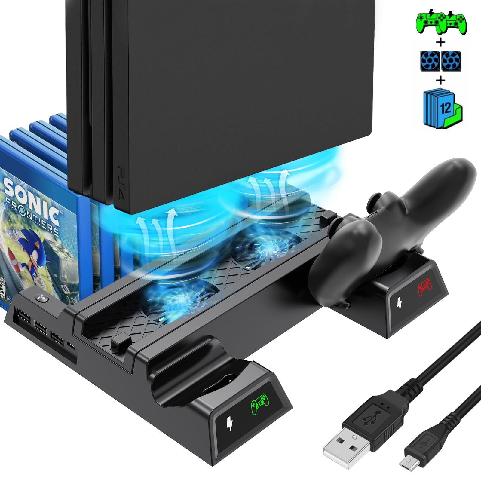 ASUNCELL Support Vertical PS4 avec Ventilateur et Station de Charge pour Playstation 4/Pro/Slim - Refroidisseur et Contrôleur avec 12 Jeux de Rangement