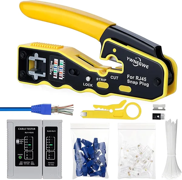 RJ45 Crimp Tool Kit Pass Through Ethernet Crimper for Cat5e Cat6 Cat6a 8P8C Modular Plugs,Cat6 Crimping Tool with 20 Connectors,20 Covers,1 Mini Stripper,100 Cable Zip Ties,1 Cable Tester, 2 Blades