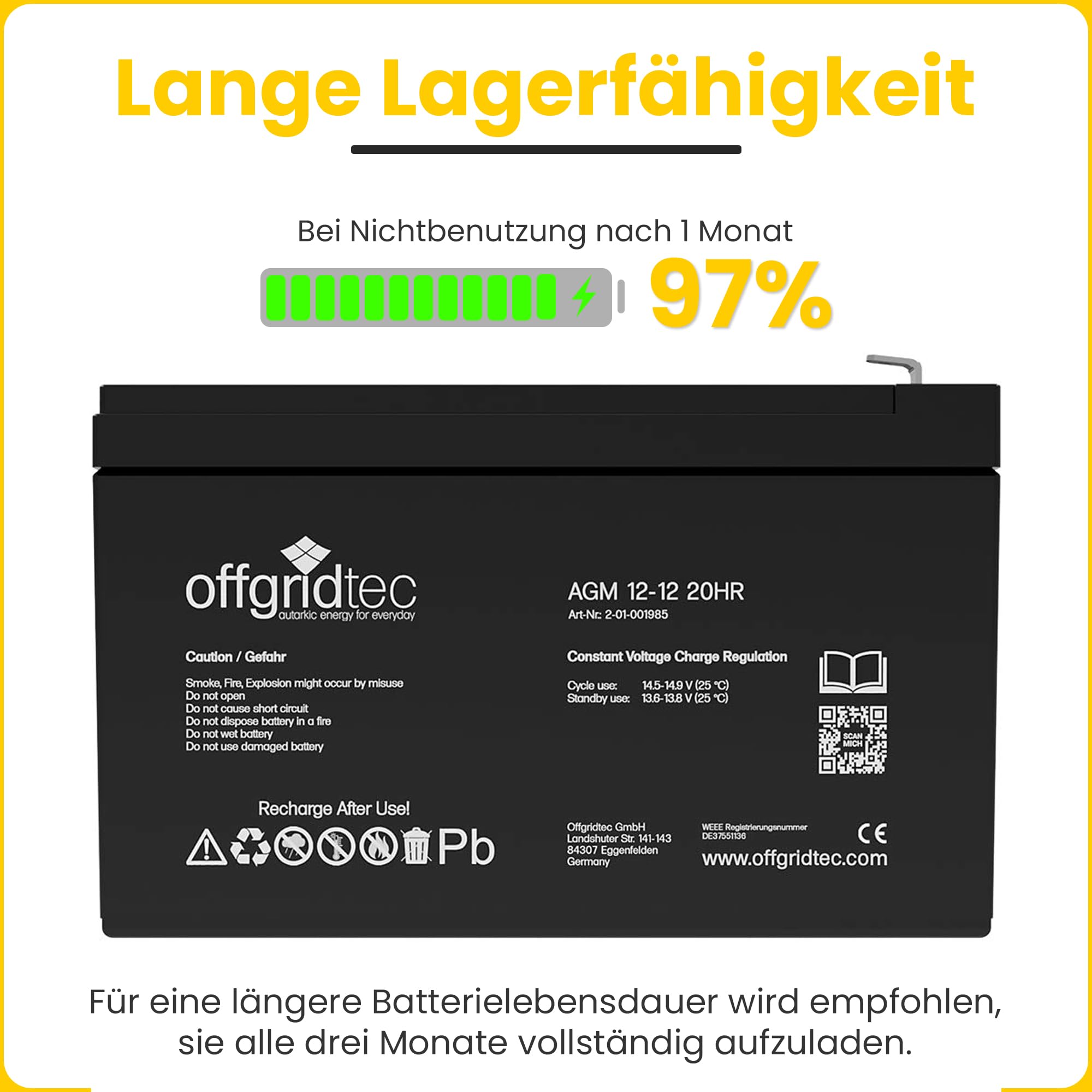 Offgridtec Agm Batteria Solare Estremamente Zyklenfest 12 Ah 20 Stuende 12 V, 2 – 01 – 001985