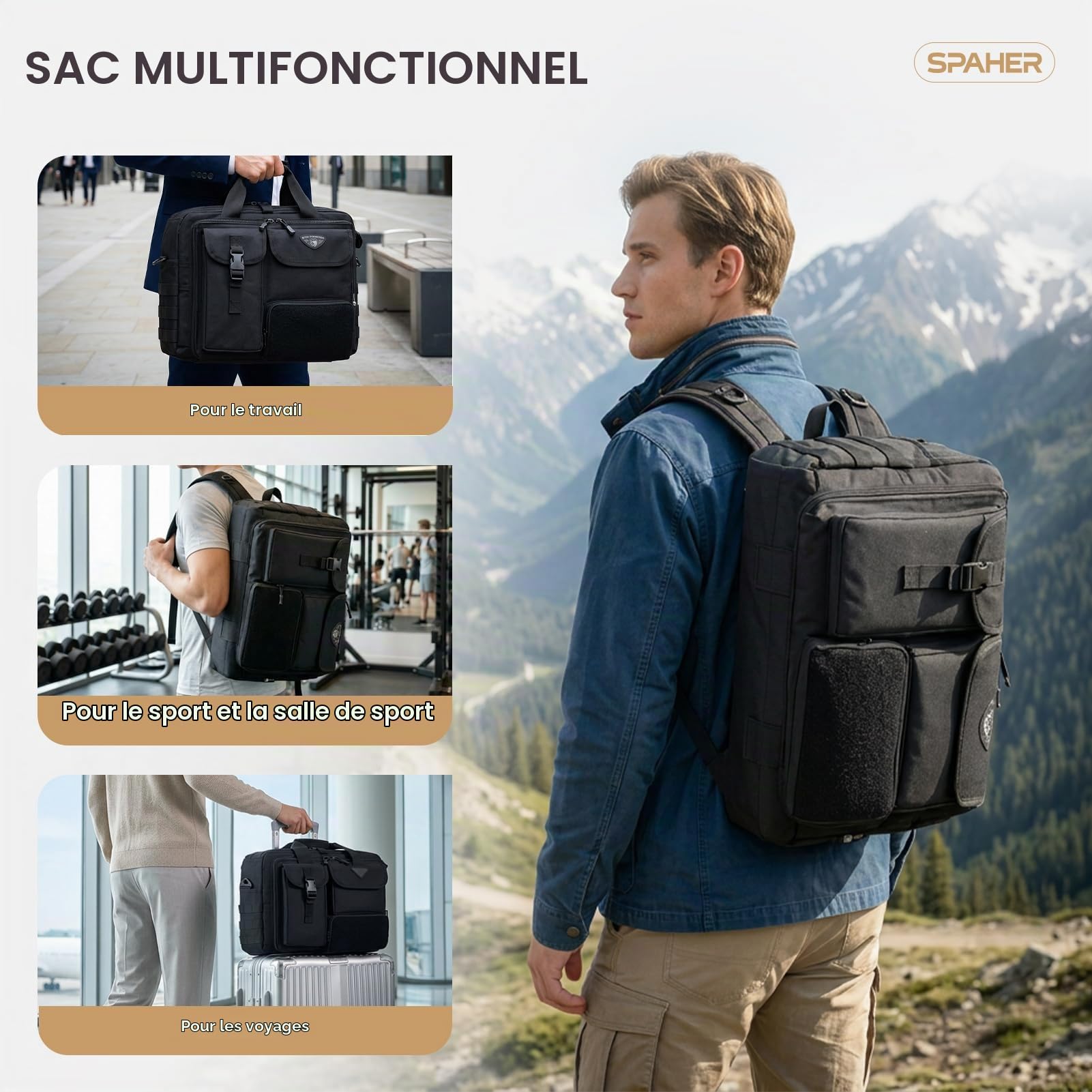SPAHER 3 en 1 Sacoche Ordinateur Portable 17" Sac à Dos Tactique Homme Noir