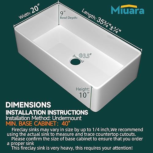 Miniatura 3 de Miuara Fregadero de granja de 36 x 20 pulgadas, fregadero de granja blanca empotrado, fregadero de cocina de granja, delantal de cocina frontal,