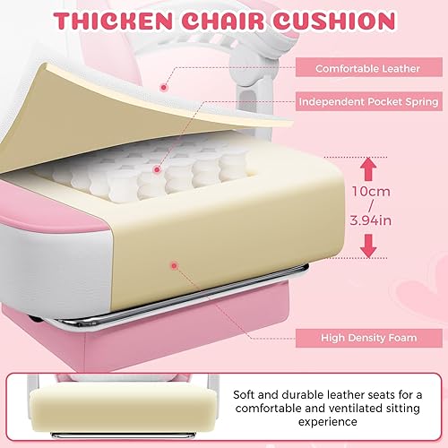 Miniatura 6 de HOFFREE Silla Rosa para Juegos con Orejas de Gato y Almohada Lumbar de Masaje en Forma de Nube, Silla Ergonómica Linda para Computadora para Niñas