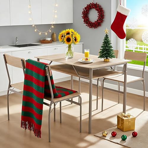 ECOTOUGE Juego de mesa de comedor para 4, mesa de cocina de madera y sillas con estantes de almacenamiento y marco de metal, juegos de mesa de