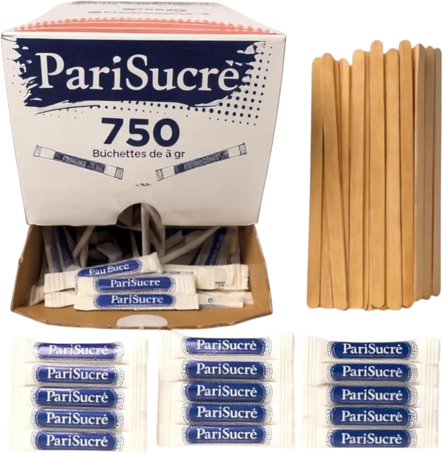 Lot de 750 Dosette Sucre Bûchettes Individuels de 3g (2,25kg) avec un lot d'agitateurs en bois - Idéal pour les Boissons Chaudes, Cafés et Thés
