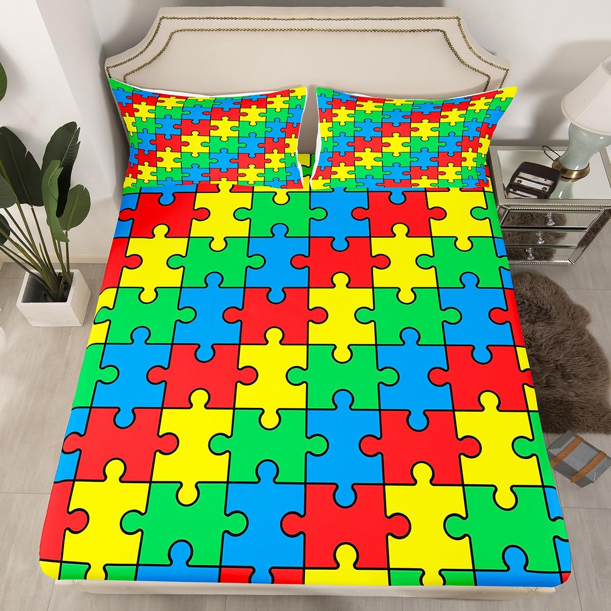 Feelyou Funny Colorful Blocks Kids Bedding Sets Boys Girls Abstract Geometric Bed Sheets King Size Game Pieces Fractal Hobby Fitted Sheet Set Bright Multicolor Room Decor