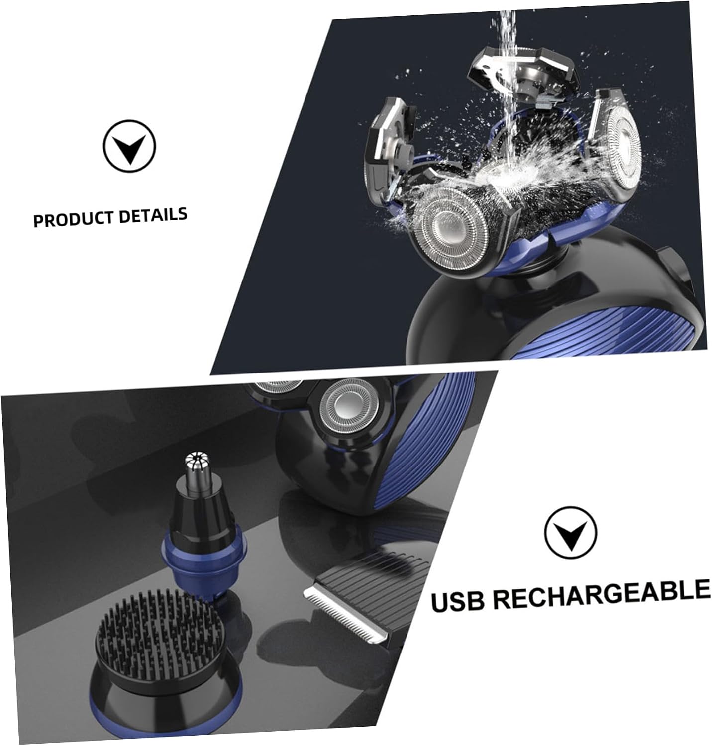 USB Rechargeable Beard Clippers with Five Heads Multipurpose Hair Removal Trimmer for Men Compact Electric Shaver for Face and Head Grooming Portable Household Trimmer in Blue