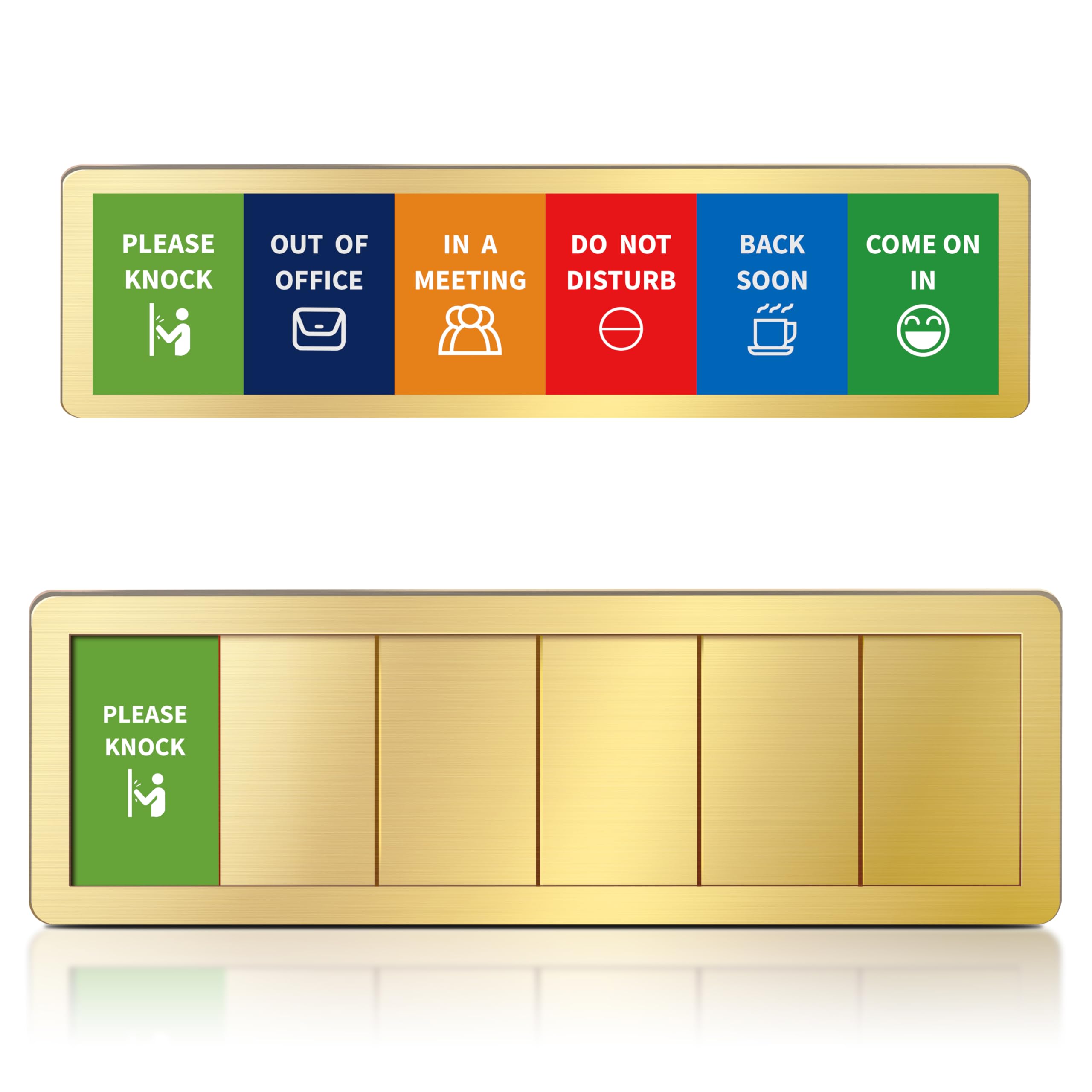 Office Door Signs -6 Options Do Not Disturb, In A Meeting, Out Of Office, Working Remotely, Back Soon Please Knock,Privacy Door Slider Sign for Meeting & Conference Room Brushed Gold — image 1