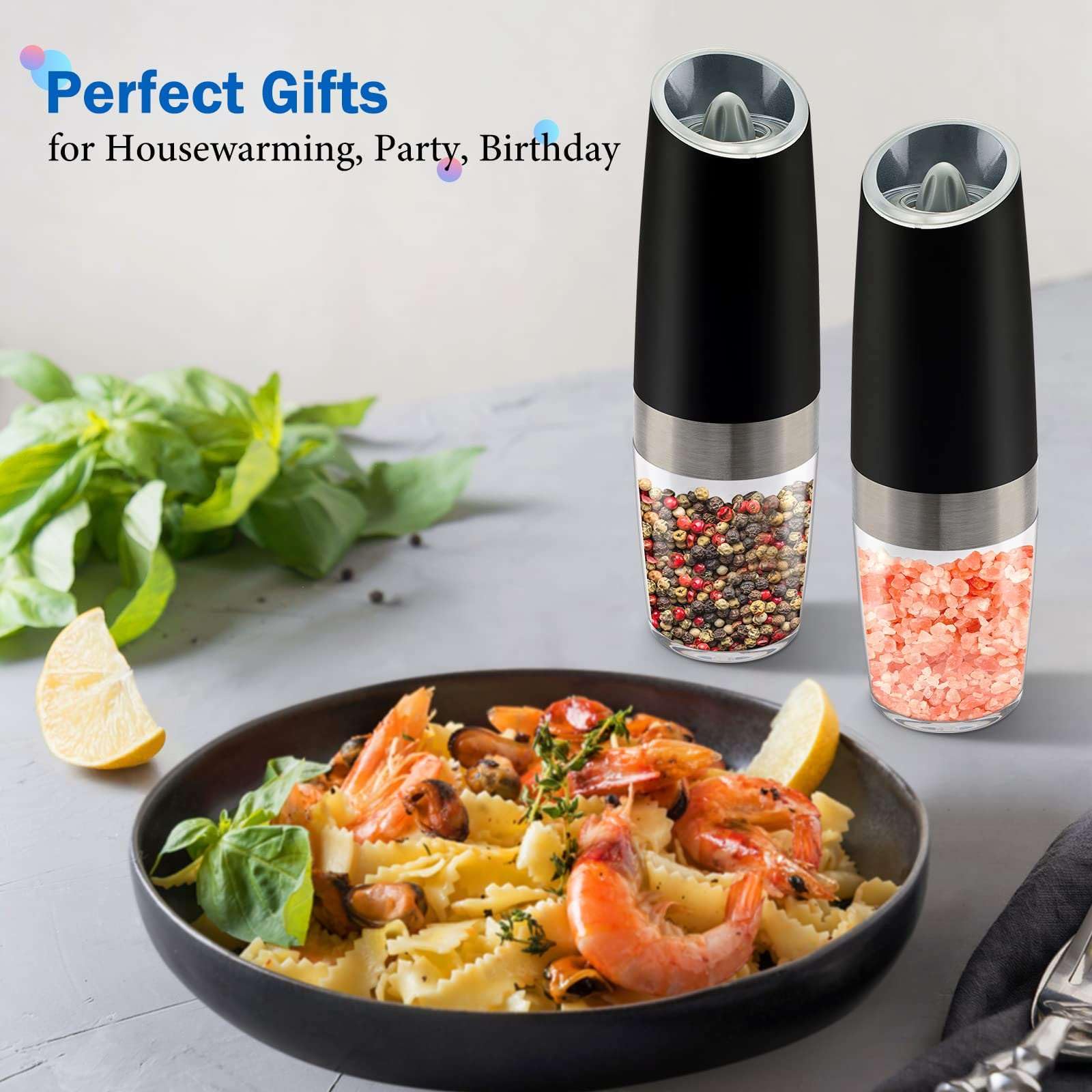 (2pc) Gravity Electric Salt and Pepper Grinder Set with Adjustable Coarseness, Stainless Steel Blades, and Glass Body for Seasoning, Cooking, and Herbs, Black