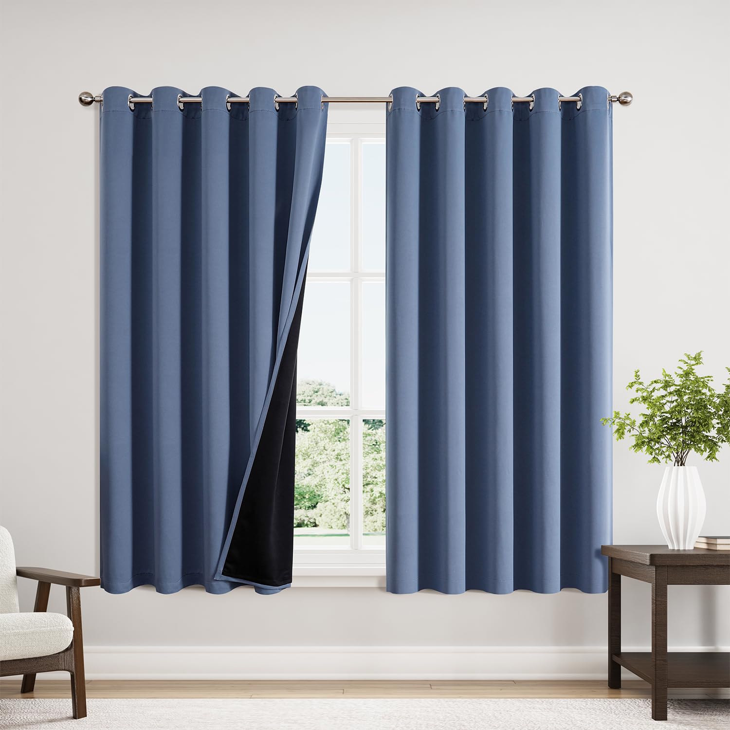 ChrisDowa 100% Blackout Curtains 63 inch Long for Bedroom with Black Liner, Extra Wide 2 Thick Layers Total Blackout Thermal Insulated Grommet Window