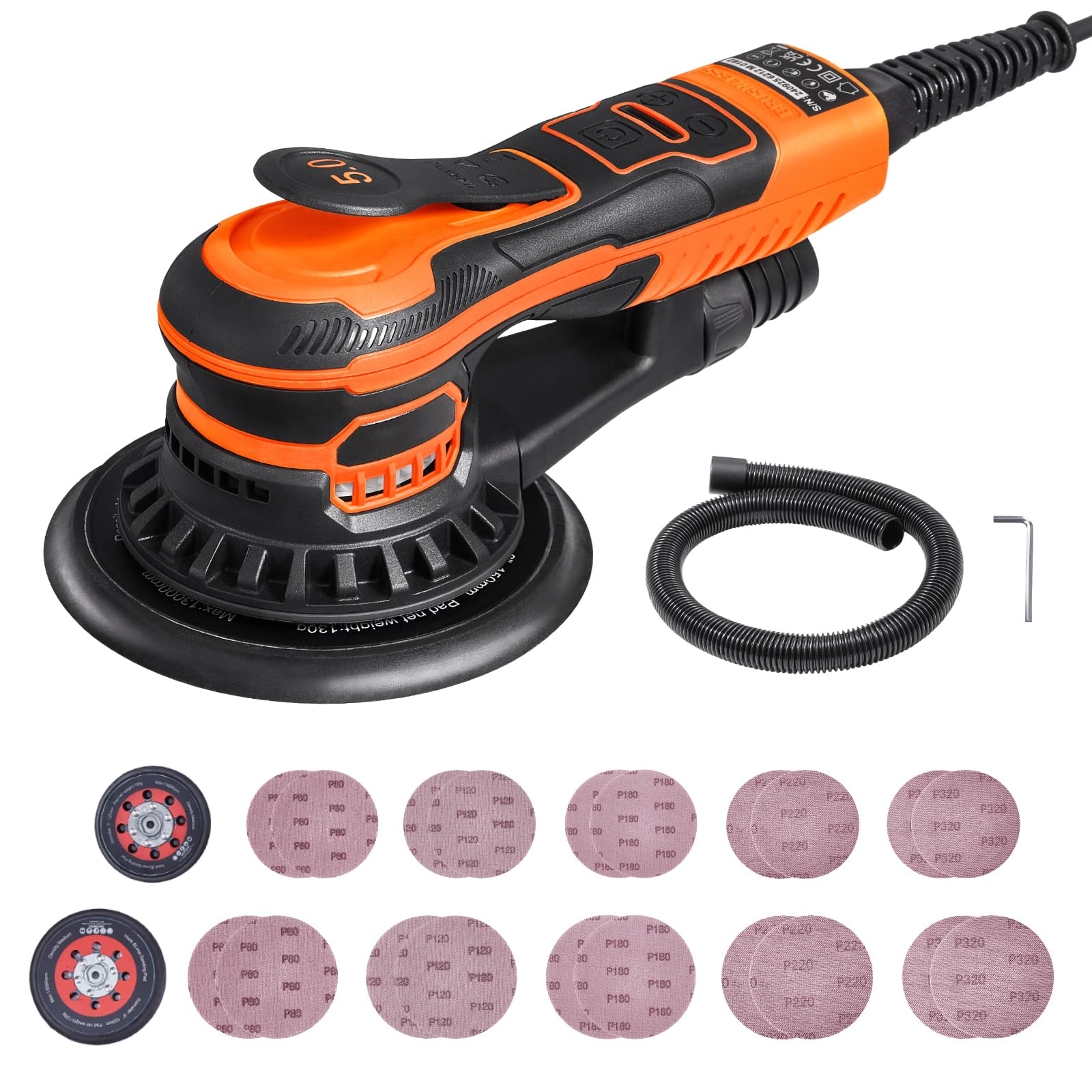 Happybuy Random Orbital Sander 5 & 6-Inch, 350W Brushless Orbital Sander, 10,000 RPM 6 Variable Speed Electric Palm Sander with 20PCS Sandpapers, Dust Connector & Hose for Woodworking